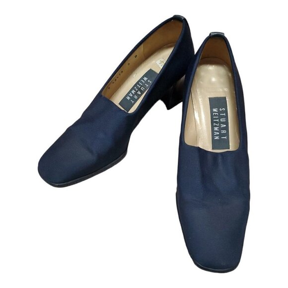 Vintage STUART WEITZMAN Navy Fabric Square Toe Heel Dress Shoe Leather Sole Sz 5 - Picture 1 of 16